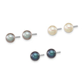 Sterling Silver Rhodium-plated 6-7mm Black, White and Grey Round Freshwater Cultured Pearl Set of 3 Post Earrings