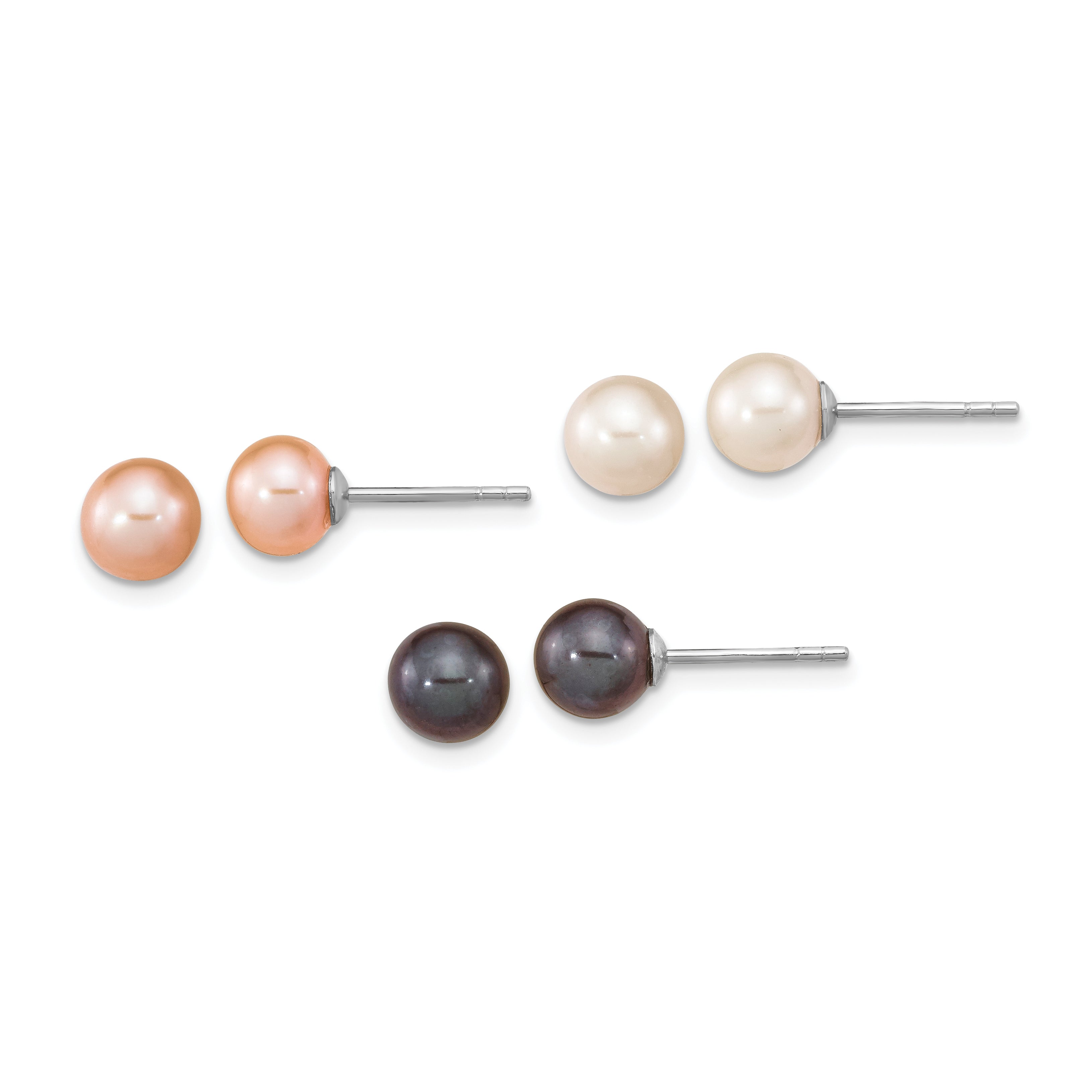 Sterling Silver Rhodium-plated 6-7mm Black, White and Pink Round Freshwater Cultured Pearl Set of 3 Post Earrings