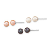 Sterling Silver Rhodium-plated 6-7mm Black, White and Pink Round Freshwater Cultured Pearl Set of 3 Post Earrings