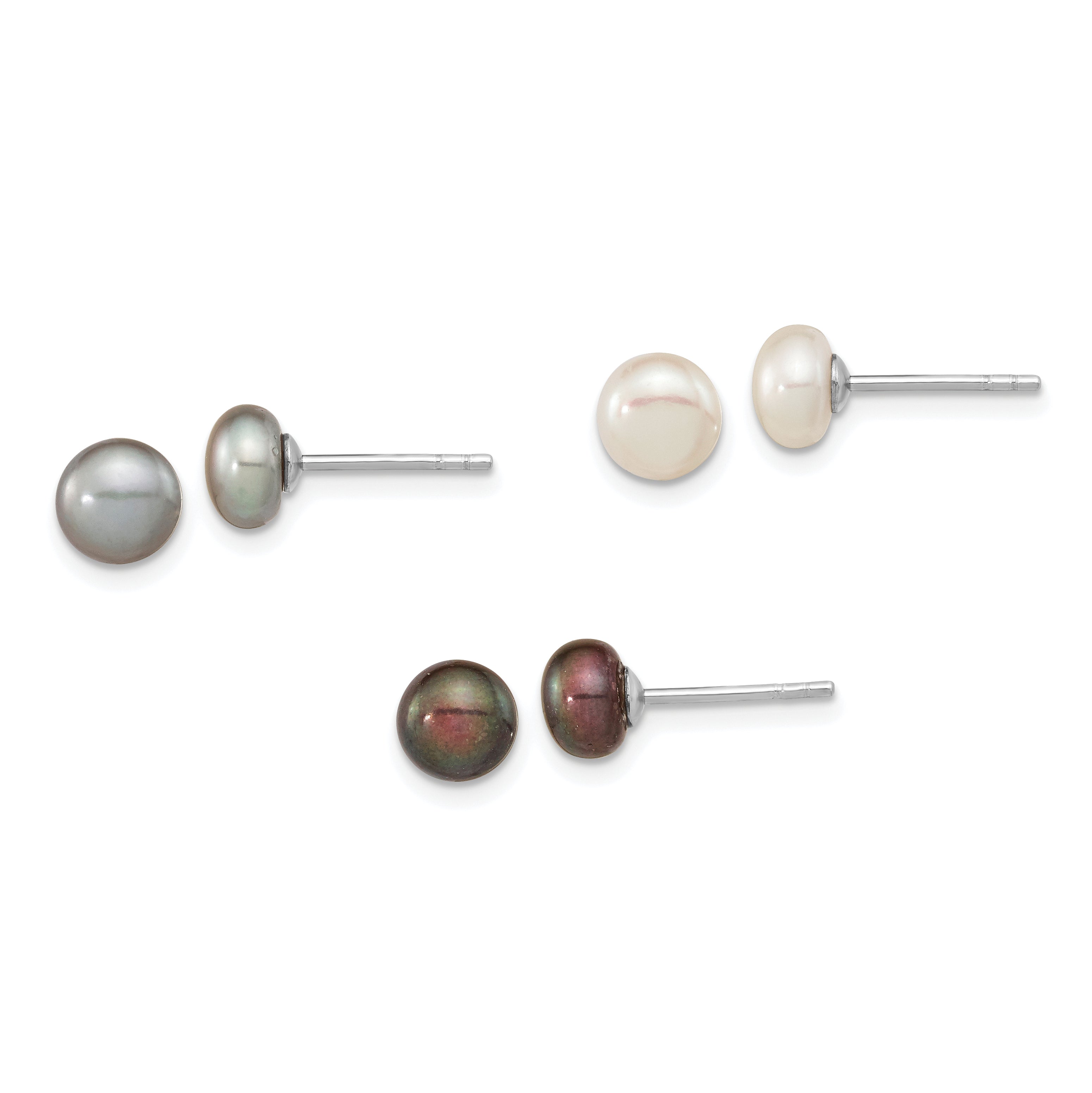 Sterling Silver Rhodium-plated 6-7mm Black, white and Grey Button Freshwater Cultured Pearl Set of 3 Post Earrings