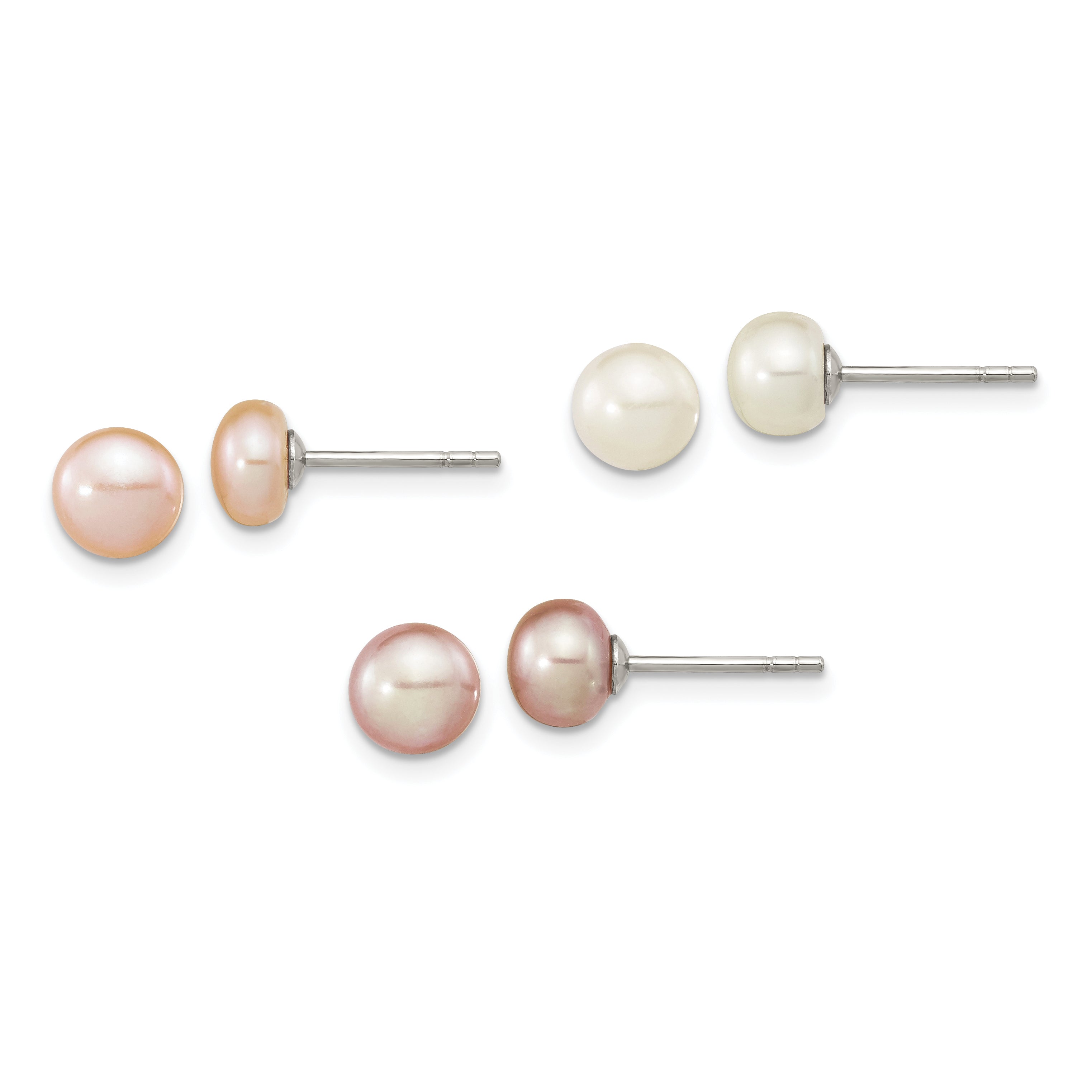 Sterling Silver Rhodium-plated 6-7mm White, Pink and Purple Button Freshwater Cultured Pearl Set of 3 Post Earrings