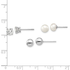 Sterling Silver Rhodium-plated 6-7mm White Button Freshwater Cultured Pearl, CZ and Stud Earrings Set