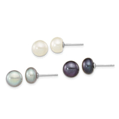 Sterling Silver Rhodium-plated 8-9mm Black, White and Grey Button Freshwater Cultured Pearl Set of 3 Post Earrings