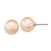 Sterling Silver Rhodium-plated 10-11mm Pink Round Freshwater Cultured Pearl Post Earrings
