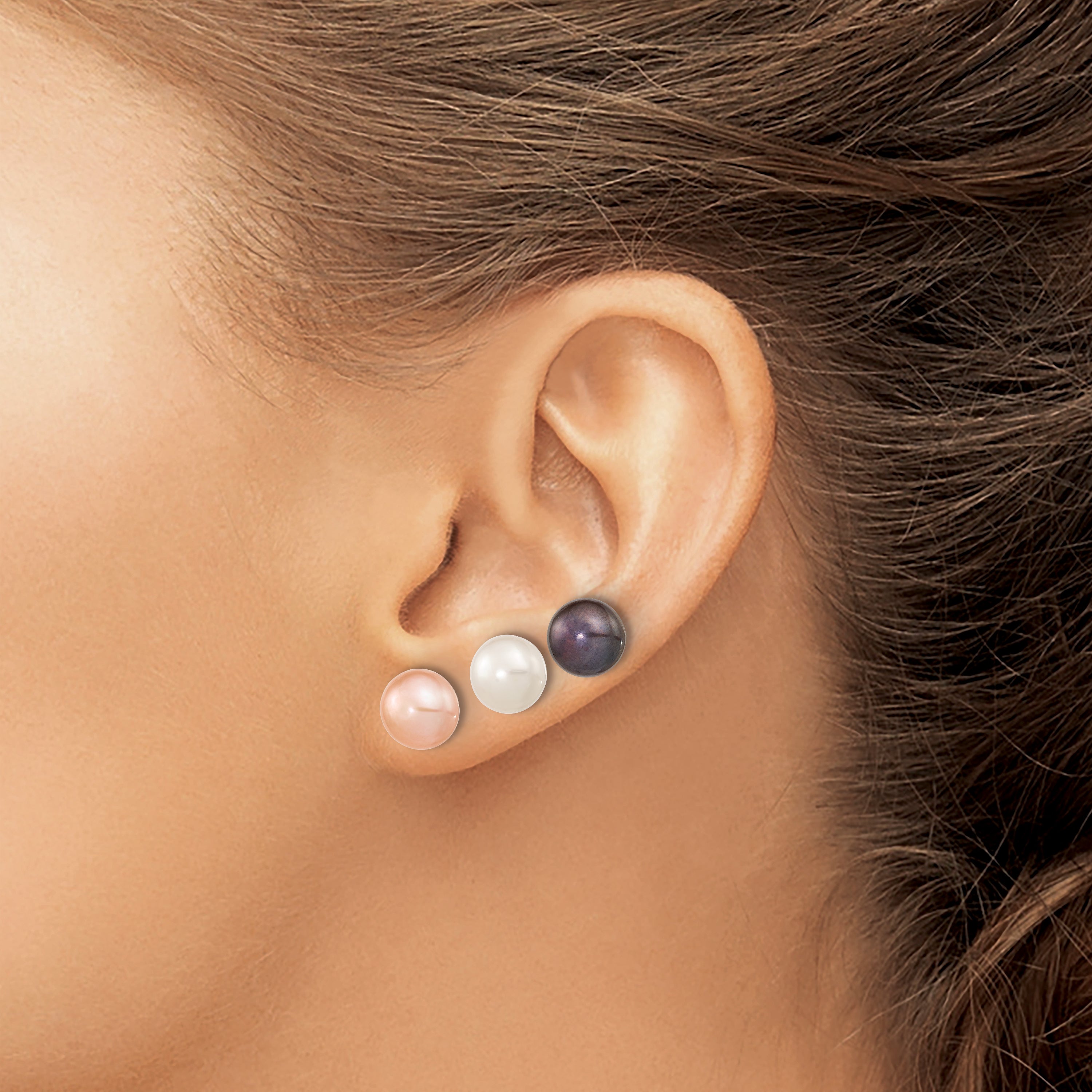 Sterling Silver Rhodium-plated 8-9mm White, Black and Pink Button Freshwater Cultured Pearl Set of 3 Post Earrings