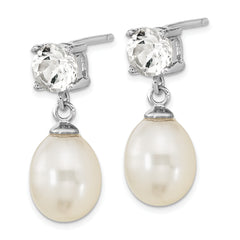 Sterling Silver Rhodium-plated 7-10mm White Teardrop Freshwater Cultured Pearl and 2.64WT White Topaz Post Dangle Earrings