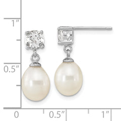 Sterling Silver Rhodium-plated 7-10mm White Teardrop Freshwater Cultured Pearl and 2.64WT White Topaz Post Dangle Earrings