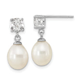 Sterling Silver Rhodium-plated 7-10mm White Teardrop Freshwater Cultured Pearl and 2.64WT White Topaz Post Dangle Earrings