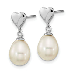 Sterling Silver Rhodium-plated 7x9mm White Teardrop Freshwater Cultured Pearl Heart Post Dangle Earrings