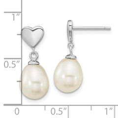 Sterling Silver Rhodium-plated 7x9mm White Teardrop Freshwater Cultured Pearl Heart Post Dangle Earrings