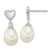 Sterling Silver Rhodium-plated 7x9mm White Teardrop Freshwater Cultured Pearl Heart Post Dangle Earrings