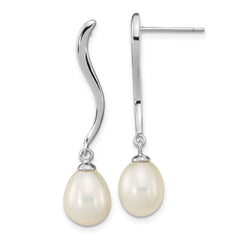 Sterling Silver Rhodium-plated 7-9mm White Teardrop Freshwater Cultured Pearl Post Dangle Earrings