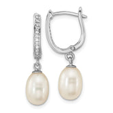Sterling Silver Rhodium-plated 7-8mm White Rice Freshwater Cultured Pearl and CZ Hoop Dangle Earring