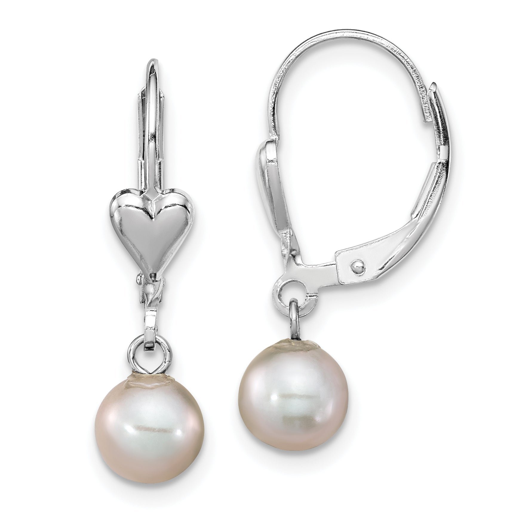 Sterling Silver Rhodium-plated 6-7mm Grey Round Freshwater Cultured Pearl Heart Leverback Dangle Earrings