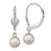 Sterling Silver Rhodium-plated 6-7mm Grey Round Freshwater Cultured Pearl Heart Leverback Dangle Earrings