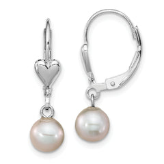 Sterling Silver Rhodium-plated 6-7mm Grey Round Freshwater Cultured Pearl Heart Leverback Dangle Earrings