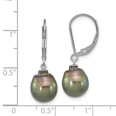 Sterling Silver Rhodium-plated 9-10mm Black Teardrop Tahitian Saltwater Cultured Pearl Dangle Leverback Earrings