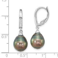 Sterling Silver Rhodium-plated 9-10mm Black Teardrop Tahitian Saltwater Cultured Pearl and CZ Dangle Leverback Earrings