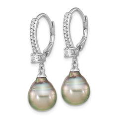 Sterling Silver Rhodium-plated 9-10mm Black Teardrop Tahitian Saltwater Cultured Pearl and CZ Dangle Leverback Earrings