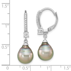 Sterling Silver Rhodium-plated 9-10mm Black Teardrop Tahitian Saltwater Cultured Pearl and CZ Dangle Leverback Earrings