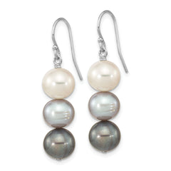 Sterling Silver Rhodium-plated 8-9mm Black, White and Grey Near-Round Freshwater Cultured Pearl Dangle Earrings