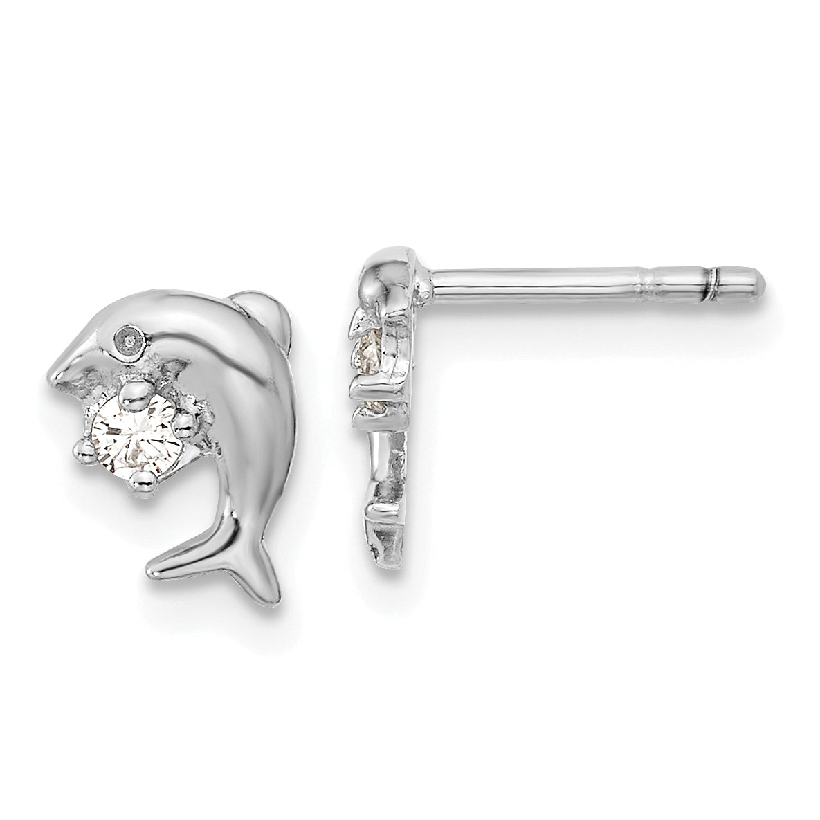 Sterling Silver Rhodium-plated CZ Dolphin Post Earrings