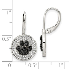 Sterling Silver Rhodium-plated Polished CZ Paw Print Leverback Earrings