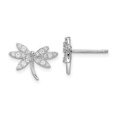 Sterling Silver Rhodium-plated CZ Dragonfly Post Earrings
