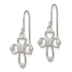 Sterling Silver Polished & Beaded CZ Cross Dangle Earrings