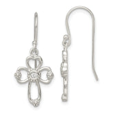 Sterling Silver Polished & Beaded CZ Cross Dangle Earrings