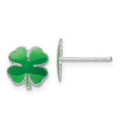 Sterling Silver Rhodium-plated Polished & Green Enameled Four Leaf Clover Children's Post Earrings