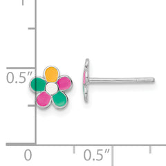 Sterling Silver Rhodium-plated Multi-color Enameled Flower Children's Post Earrings