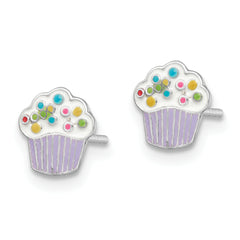 Sterling Silver Rhodium-plated Polished Multi-color Enameled Cupcake Children's Post Earrings