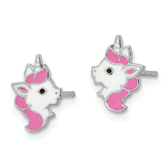 Sterling Silver Rhodium-plated Polished Multi-color Enamel Unicorn Head Children's Post Earrings