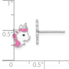 Sterling Silver Rhodium-plated Polished Multi-color Enamel Unicorn Head Children's Post Earrings