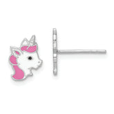 Sterling Silver Rhodium-plated Polished Multi-color Enamel Unicorn Head Children's Post Earrings