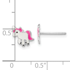 Sterling Silver Rhodium-plated Polished Multi-color Enameled Pink Unicorn Children's Post Earrings