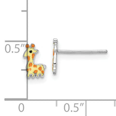 Sterling Silver Rhodium-plated Polished & Yellow, Orange & Black Enameled Giraffe Children's Post Earrings