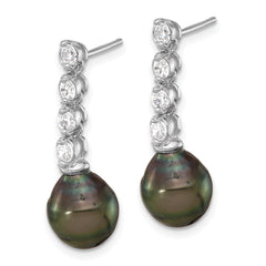 Sterling Silver Rhodium-plated 9-10mm Black Teardrop Tahitian Saltwater Cultured Pearl and CZ Post Dangle Earrings