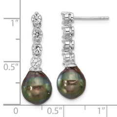 Sterling Silver Rhodium-plated 9-10mm Black Teardrop Tahitian Saltwater Cultured Pearl and CZ Post Dangle Earrings