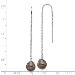 Sterling Silver Rhodium-plated 9-10mm Black Teardrop Tahitian Saltwater Cultured Pearl Threader Earrings
