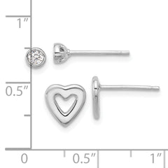 Sterling Silver Rhodium-plated CZ and Heart Post Earrings Set
