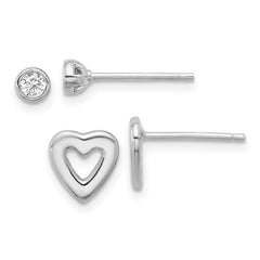 Sterling Silver Rhodium-plated CZ and Heart Post Earrings Set