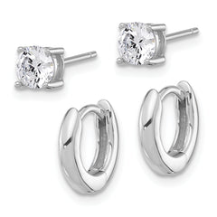 Sterling Silver RH-plated 2.5mm Huggie Hoops/5mm CZ Stud Earrings Set