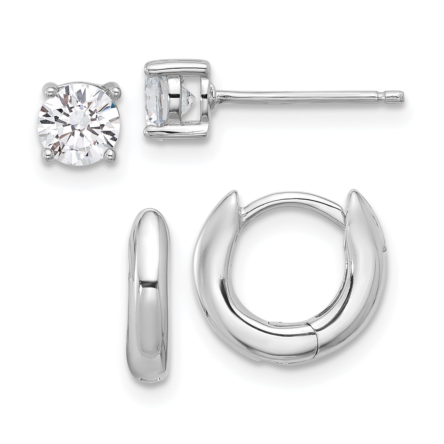 Sterling Silver RH-plated 2.5mm Huggie Hoops/5mm CZ Stud Earrings Set