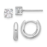 Sterling Silver RH-plated 2.5mm Huggie Hoops/5mm CZ Stud Earrings Set