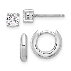 Sterling Silver RH-plated 2.5mm Huggie Hoops/5mm CZ Stud Earrings Set