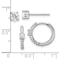 Sterling Silver RH-plated 5mm CZ Studs and Hinged Hoop Earring Set