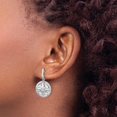 Sterling Silver Rhodium-plated Polished CZ Compass Dangle Post Earrings