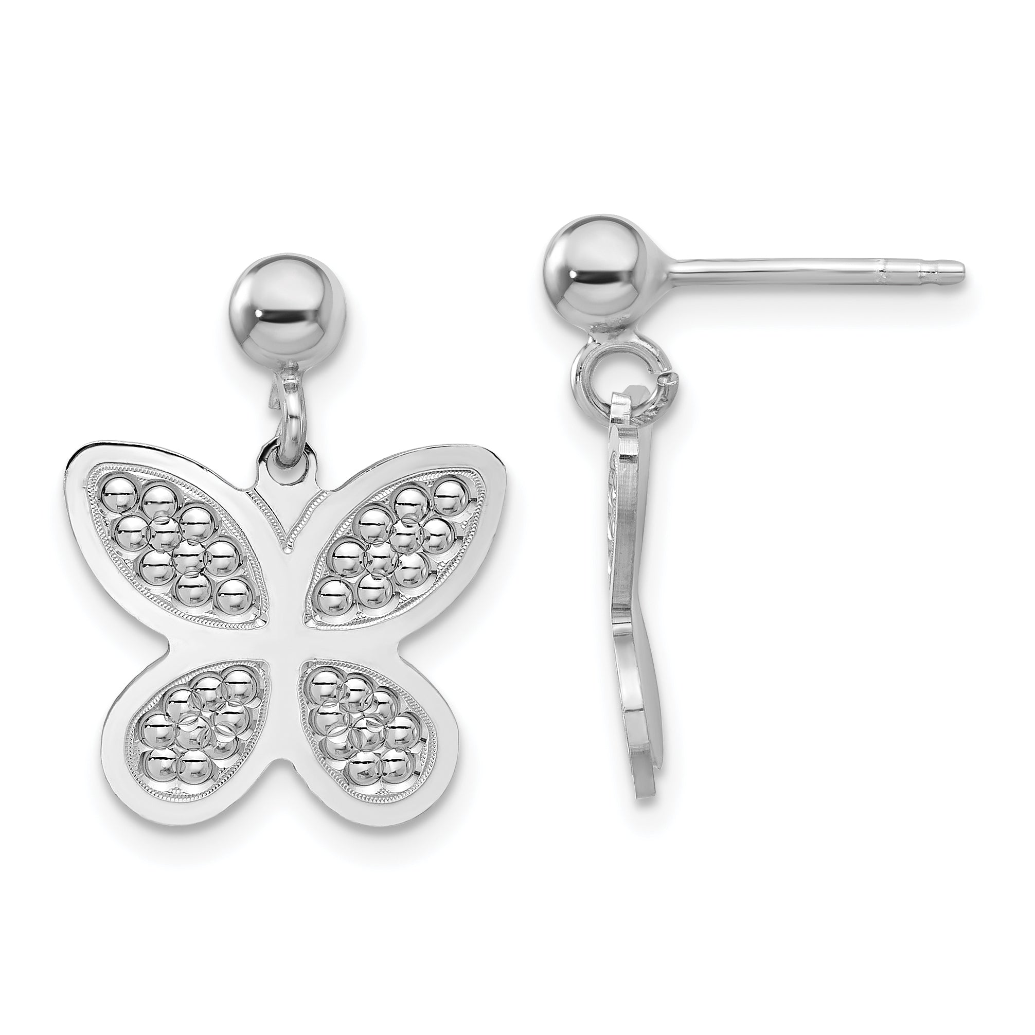 Sterling Silver Rhodium Plated Polished Beaded Butterfly Earrings